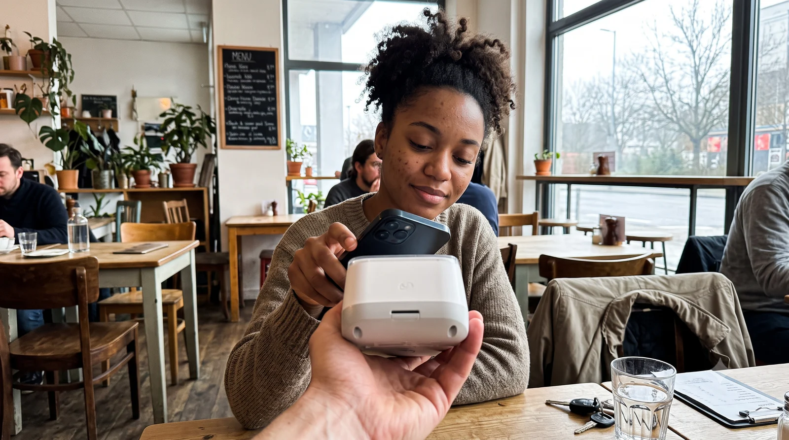 Customer completing a contactless payment at a restaurant with a handheld payment terminal