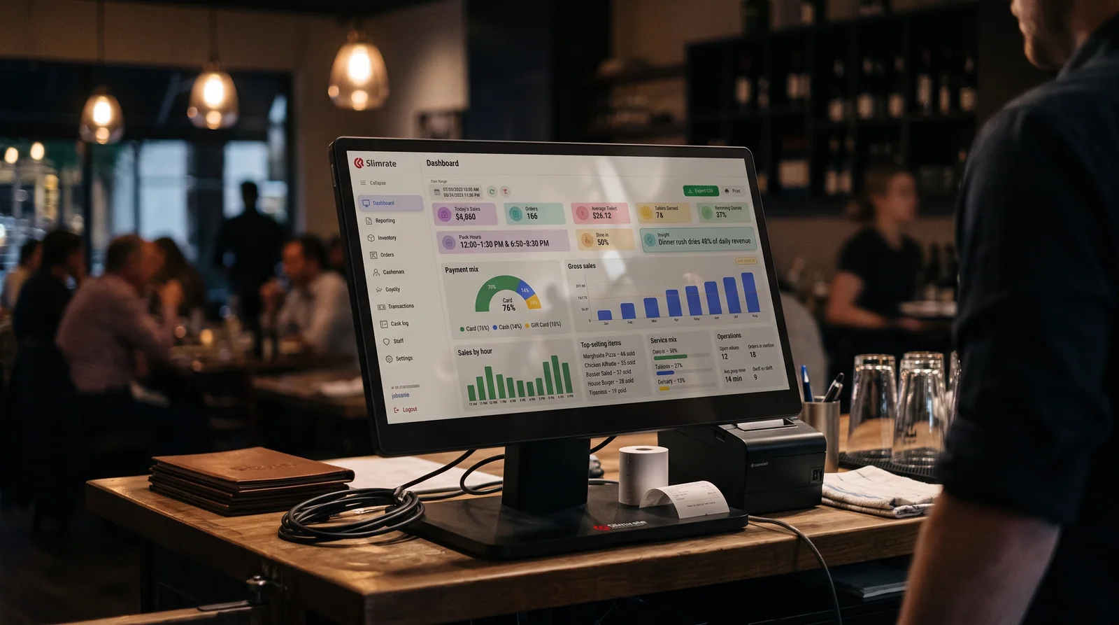Slimrate POS software dashboard running on a restaurant checkout terminal