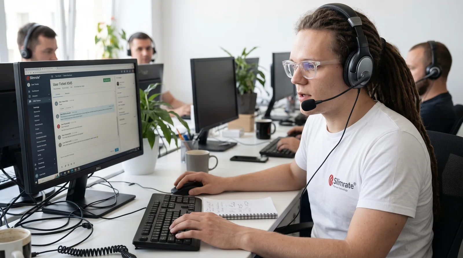 Slimrate support specialist on a headset helping a merchant