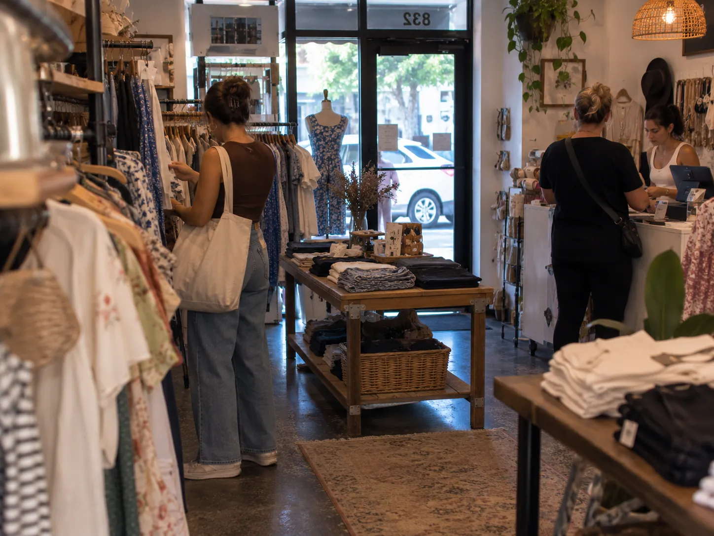 Clothing boutique interior with racks of garments and a customer browsing